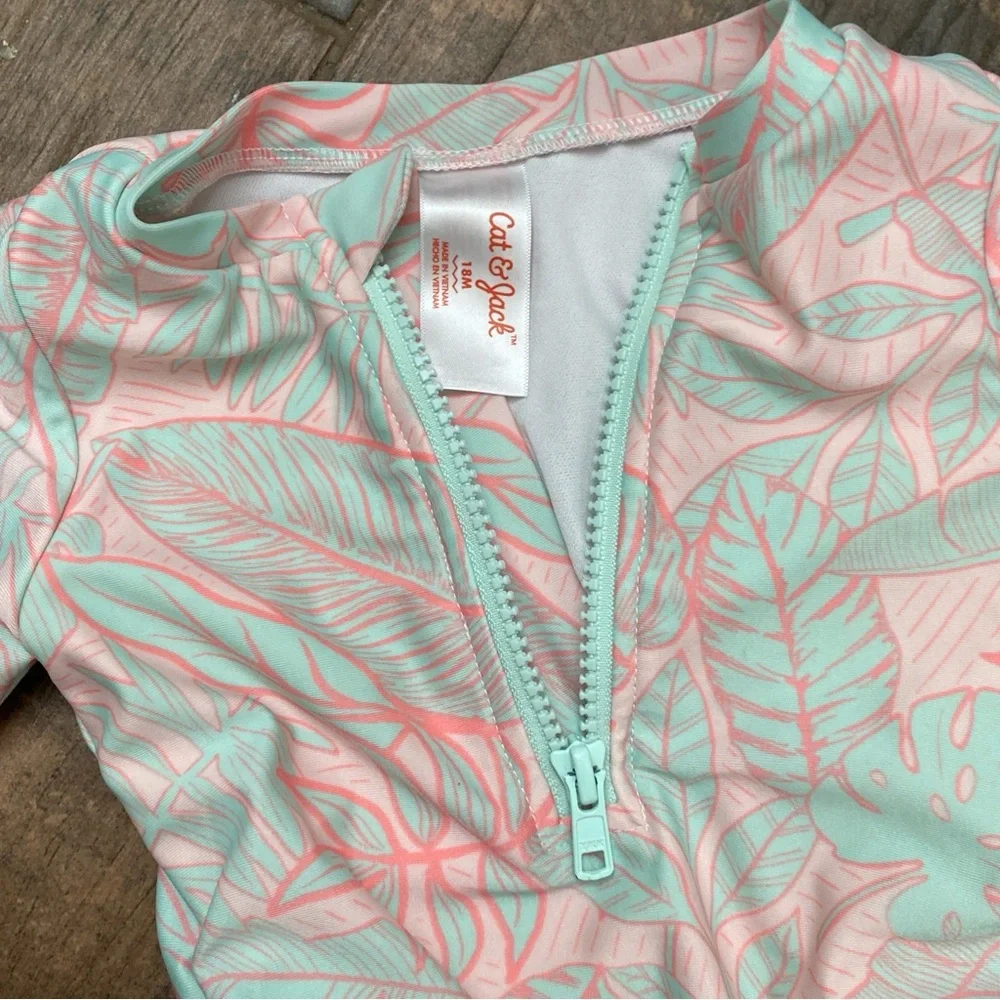 Cat & Jack Toddler Girl Rash Guard Swimsuit 18M Mint & Pink